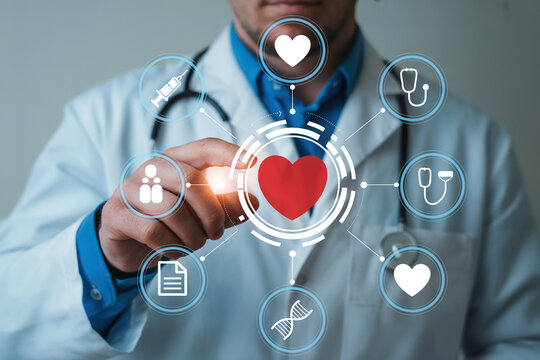 Doctor touching heart icon healthcare technology medical innovation digital health solutions and telemedicine concept