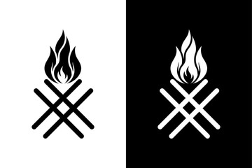 Flame Icon Front View, Black and White Burning Design.