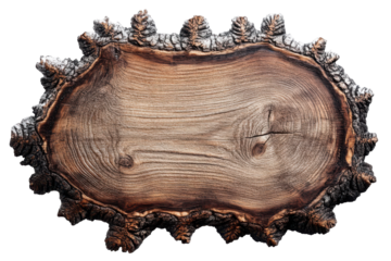 Cross section of a tree trunk with bark and growth rings isolated on transparent background. Wooden sign isolated on white background.