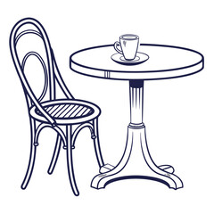 Elegant line art illustration of a classic bistro chair and round table with a single cup of coffee