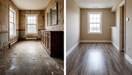 Fototapeta premium Empty room showing renovation before and after, transforming an old dilapidated space into a new clean modern interior