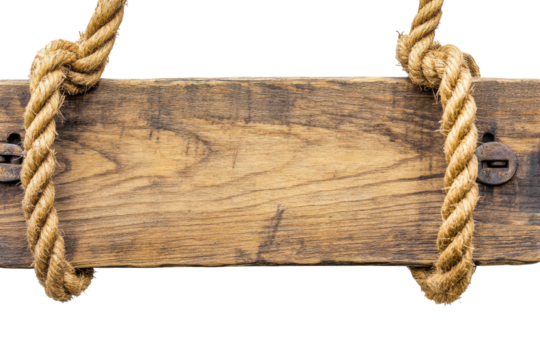 Rustic wooden signpost with rope detail isolated on transparent background. Wooden sign with ropes isolated on white background. - Powered by Adobe