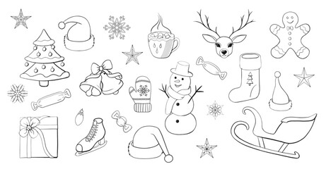 Festive cute Christmas doodle Vector set with cute winter icons including snowman, reindeer,Santa hat,sleigh, tree, cookie,bells and snowflakes for holiday decoration, greeting cards or coloring pages
