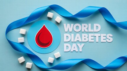 Blue awareness ribbon with world diabetes day symbol on light background
