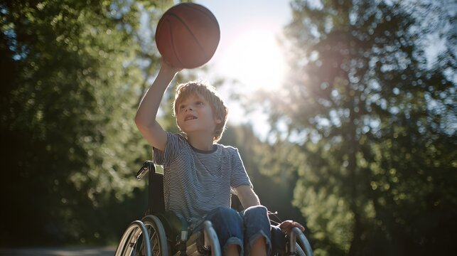 Young boy in a wheelchair enjoys outdoor play, raising a basketball towards the bright sun with a focused expression in a natural park setting, surrounded by green foliage.