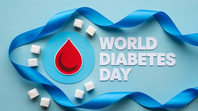 Blue awareness ribbon with world diabetes day symbol on light background
 - Powered by Adobe