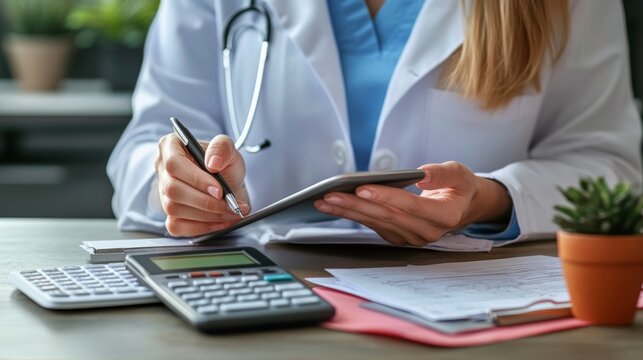 Female Doctor Analyzing Patient Data and Costs Using Modern Technology in Bright Office Setting