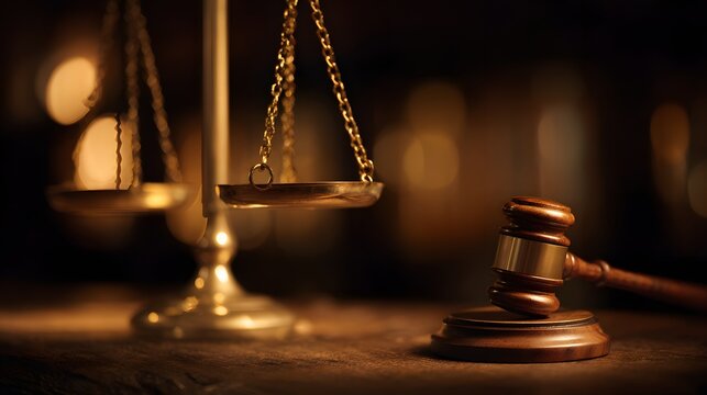 Golden balance scales and a wooden gavel rest on a table, showcasing concepts of justice, law, and legal proceedings in a dimly lit room with soft, out-of-focus background illumination.