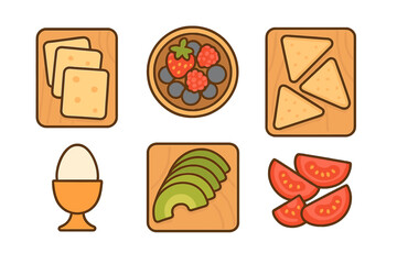 Six flat design icons showing healthy breakfast and snack ingredients assortment