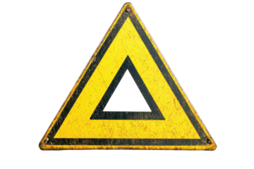 Old yellow warning triangle sign with red inner triangle isolated on transparent background. Yellow triangle warning sign isolated on white background.