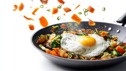 A frying pan holds colorful cooked vegetables and a fried egg, with ingredients falling