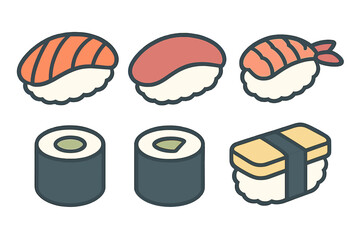 Various types of Japanese sushi and maki rolls presented in an isometric style © icon_art