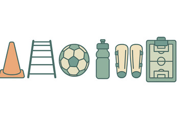 Horizontal row of football training equipment including soccer ball, cone, shin guards, and coach clipboard