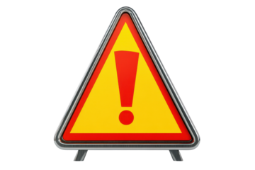 Yellow warning triangle with red exclamation mark isolated on transparent background. Warning sign with an exclamation mark isolated on white background, 3d rendering.