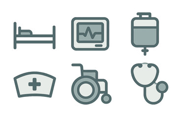 Modern flat style icons collection featuring essential hospital equipment and medical care symbols