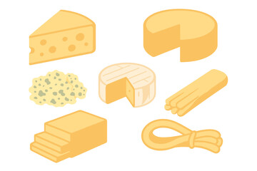 Isometric set of various cheese types: cheddar, brie, blue cheese, and wheel