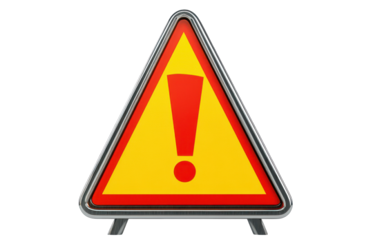 Yellow warning triangle with red exclamation mark isolated on transparent background. Warning sign with an exclamation mark isolated on white background, 3d rendering.