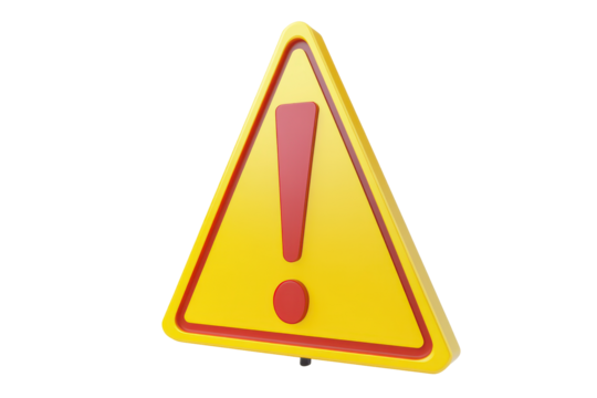 Yellow warning triangle with red exclamation mark isolated on transparent background. Warning sign with an exclamation mark isolated on white background, 3d rendering.