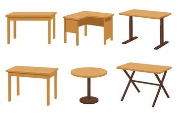 Assortment of wooden tables and desks with modern, traditional, and adjustable designs