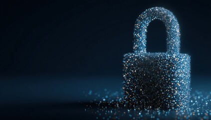 A glowing padlock made of particles, floating on a dark blue background