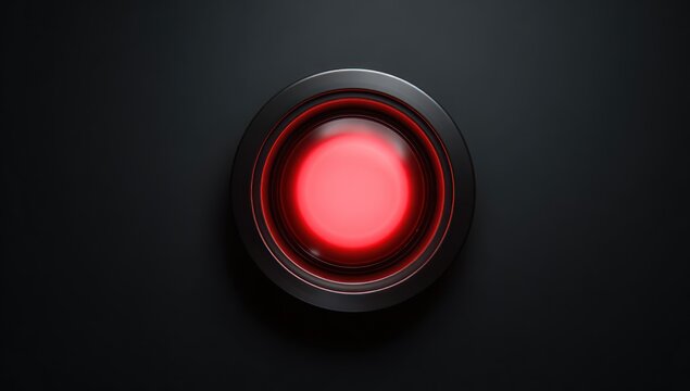 A glowing red orb encased in a black circular frame against a dark grey background