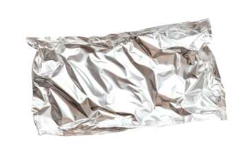 Shiny silver foil wrapped object isolated on transparent background. Blank plastic foil pouches mockup isolated on white background.