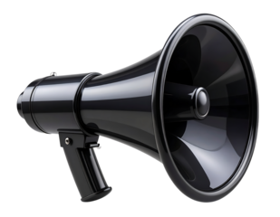 Shiny black megaphone isolated on a plain background, symbolizing announcement, marketing, and communication.