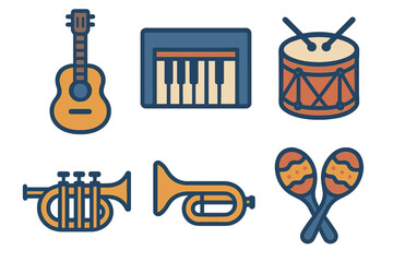 Set of acoustic and electronic musical instruments in colorful flat design
