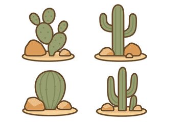 Four different desert cactus plants growing in arid sandy soil with small rocks © icon_art
