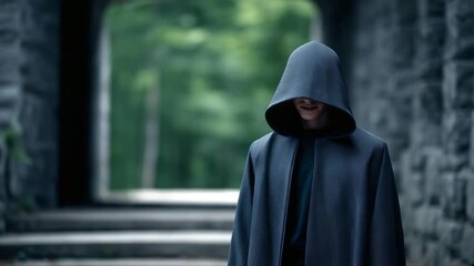 A hooded figure in a dark cloak stands in a dim stone corridor. - Powered by Adobe