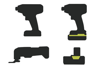 Cordless impact driver power tool and battery components silhouettes for DIY projects