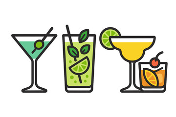 Assortment of classic bar cocktails martini mojito and margarita in outline