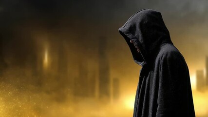 A hooded figure in a black cloak stands in a hazy, yellow-lit urban scene. - Powered by Adobe
