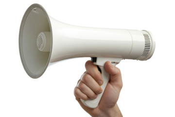 Hand holding a white megaphone isolated on transparent background. Hand holding a white megaphone isolated on white background.