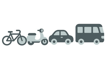 Simplified urban transportation vehicles in a row including bicycle scooter car and bus