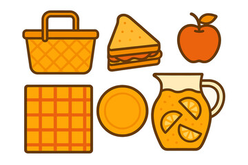 Essential picnic items collection including basket, sandwich, apple, blanket, plate, and juice pitcher