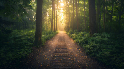 Fototapeta premium A path through a forest with a wooden bridge