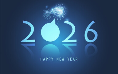 Dark Blue New Year Card Template with Brightly Glowing Fireworks Design - 2026 - Reflective Bright Banner, Typography with 3D Effect in Editable Vector Format