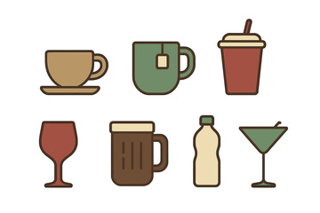 Graphic symbols set depicting common beverages like coffee tea beer wine and cocktails