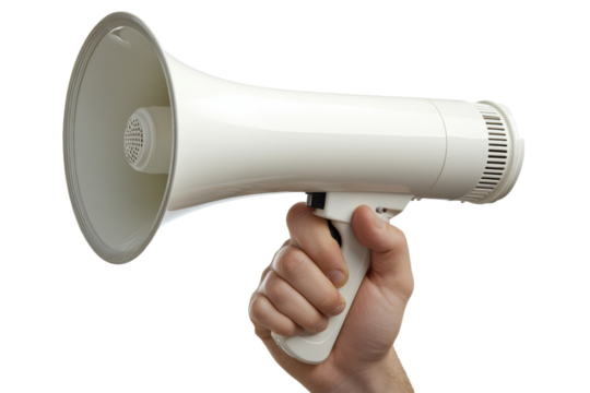 Hand holding a white megaphone isolated on transparent background. Hand holding a white megaphone isolated on white background.