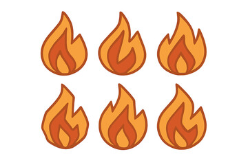 Set of six different stylized burning flames representing heat and energy in warm colors