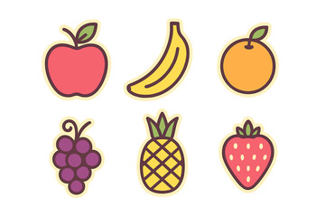 Colorful set of six fresh fruits: apple, banana, orange, grapes, pineapple, and strawberry