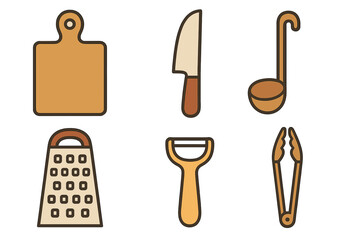 Set of essential cooking tools and kitchen utensils including knife, cutting board, ladle, grater, peeler, and tongs