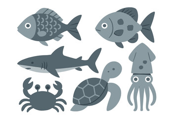 Stylized set of six marine animals including shark, two fish, crab, sea turtle, and squid