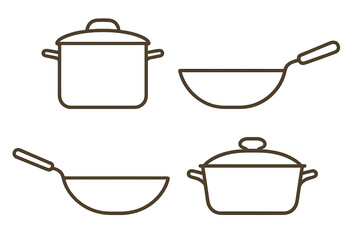 Minimalist outline style kitchen cookware set including pots and frying pans