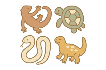 Collection of four cute stylized reptile animals including a lizard, turtle, snake, and gecko isolated on white background