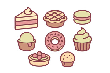 Minimal outline graphic set of popular sweet desserts and baked goods