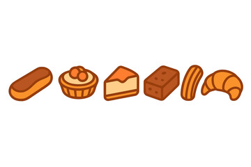 Collection of delicious bakery desserts and sweet treats icons including eclair and croissant