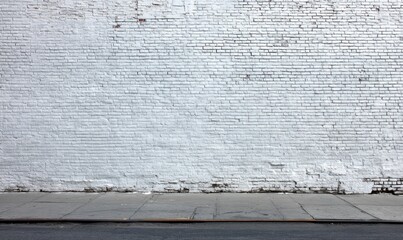 Weathered white brick wall with a gray concrete ground.