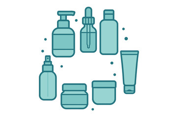 Beauty and skincare product packaging icons including lotion, serum, cream, and spray bottles